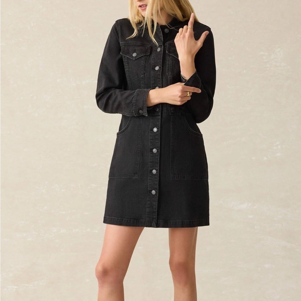Faherty Michelle Long Sleeve Denim Mini Shirt Dress Vintage Black Wash Size 8